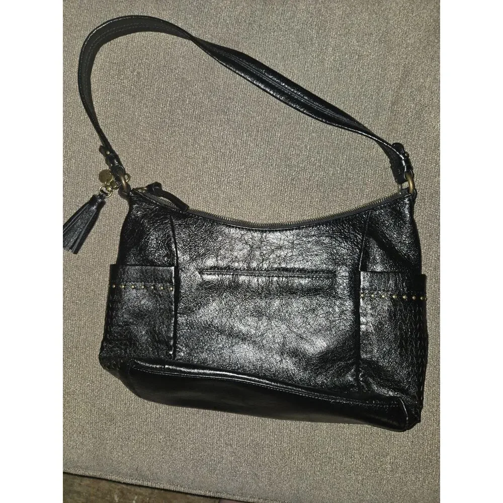 The Sak Collective Black Leather Hobo Shoulder Bag Studded Tassel Purse Boho